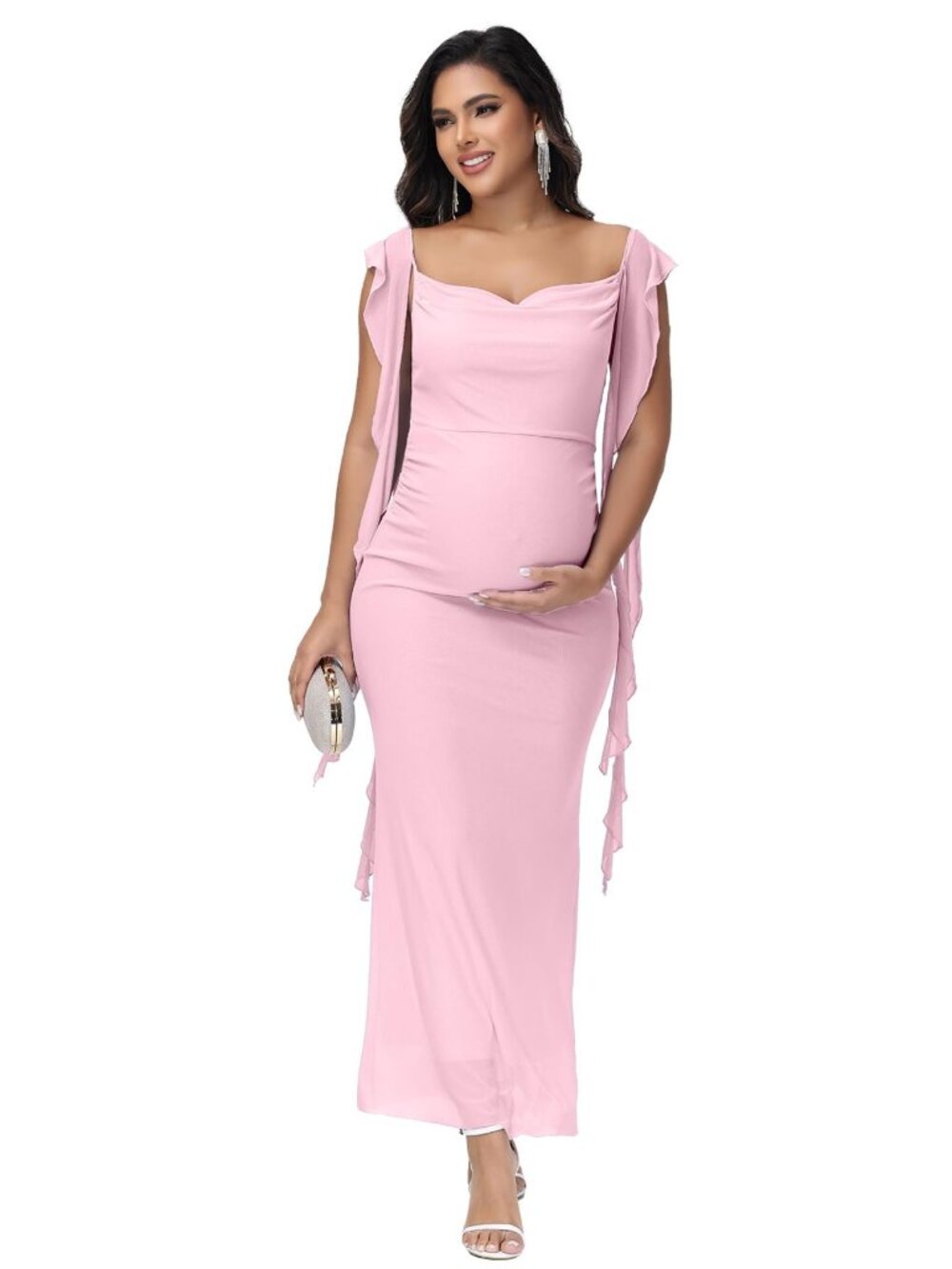 Maternity Draped Neck Ruffle Baby Shower Dress for Photoshoot Party Bodycon Long